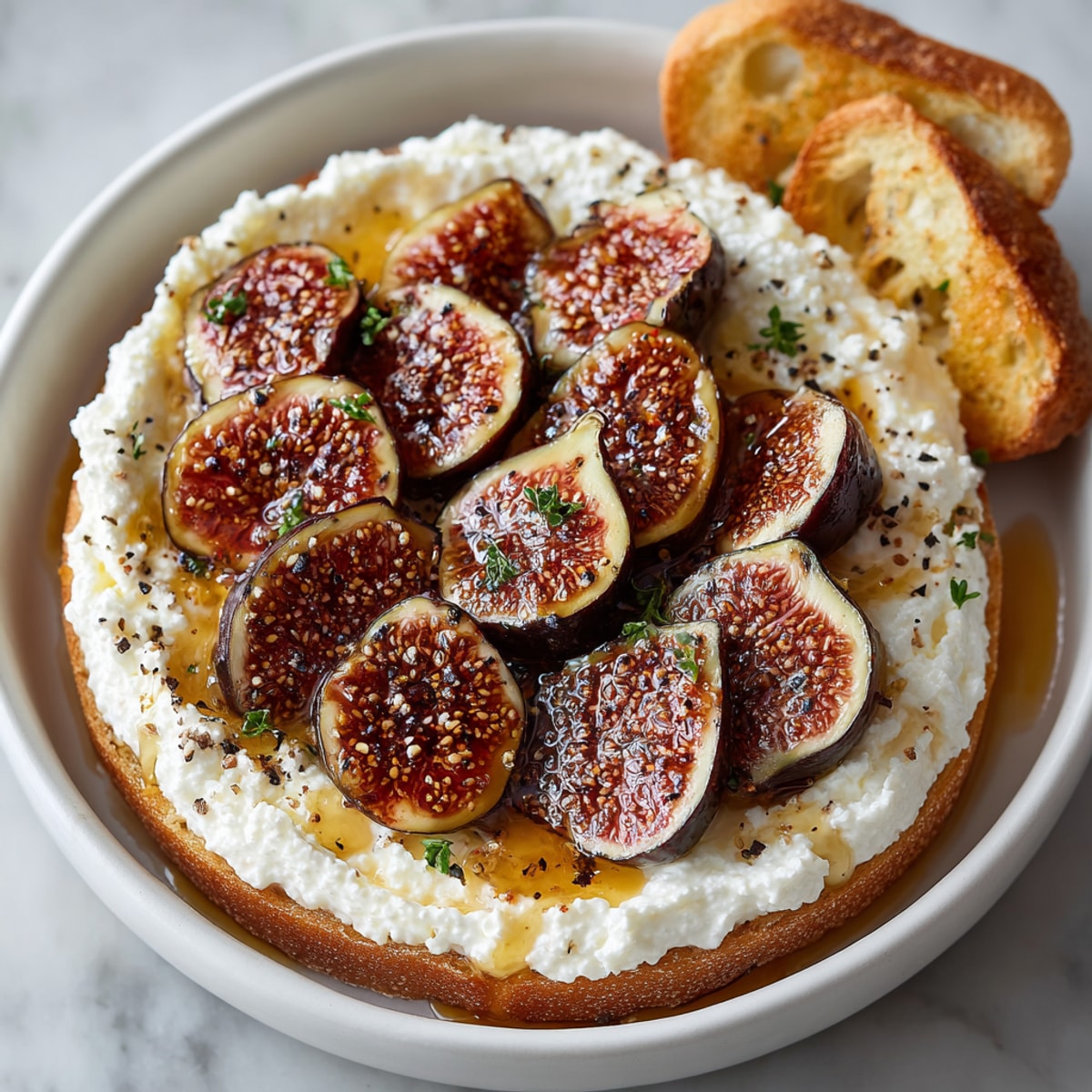 Elegant Roasted Ricotta Figs Honey dish fresh from the oven, perfect on rustic bread slices.