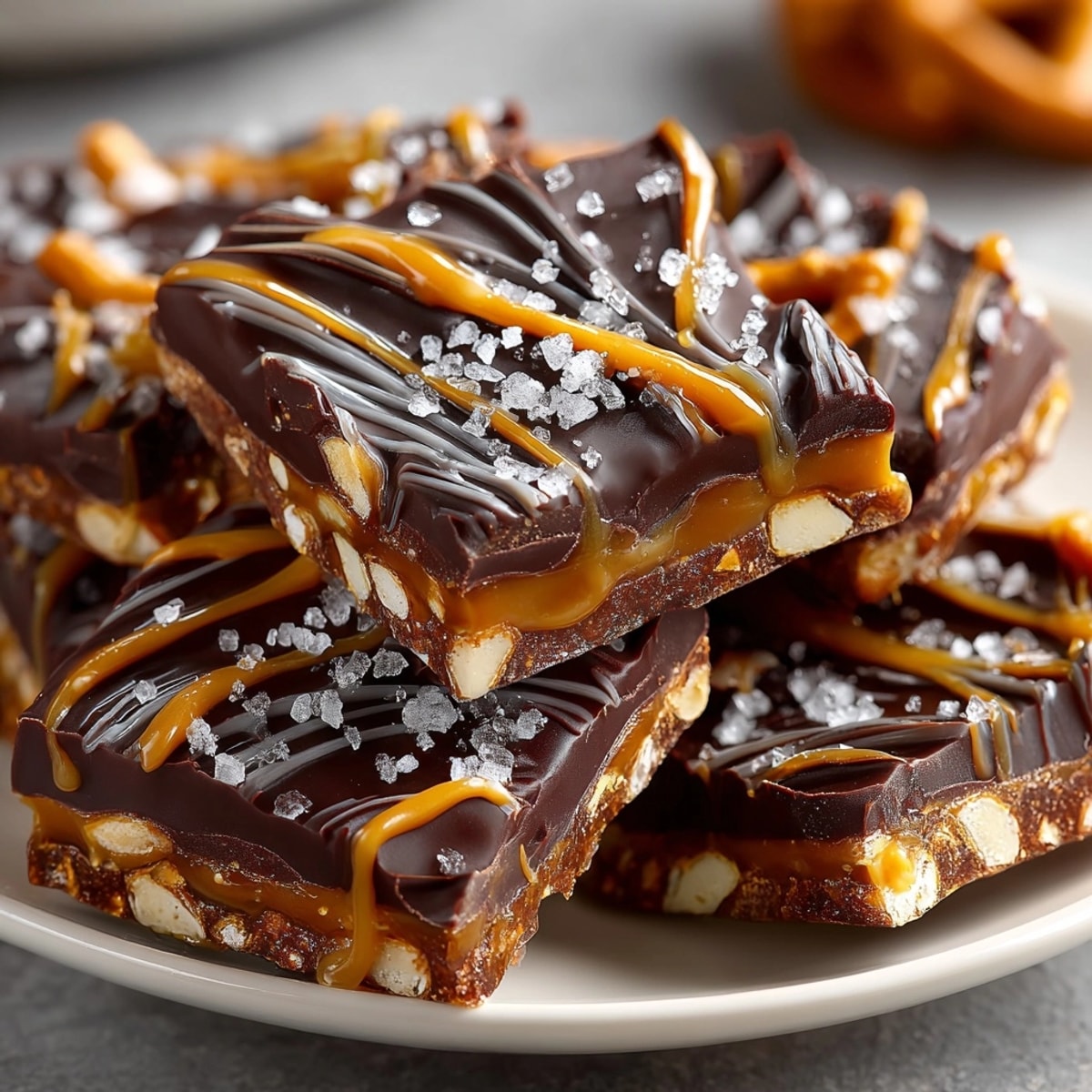 Caramel Pretzel Chocolate Bark broken into salted pieces on parchment, showing rich layers.