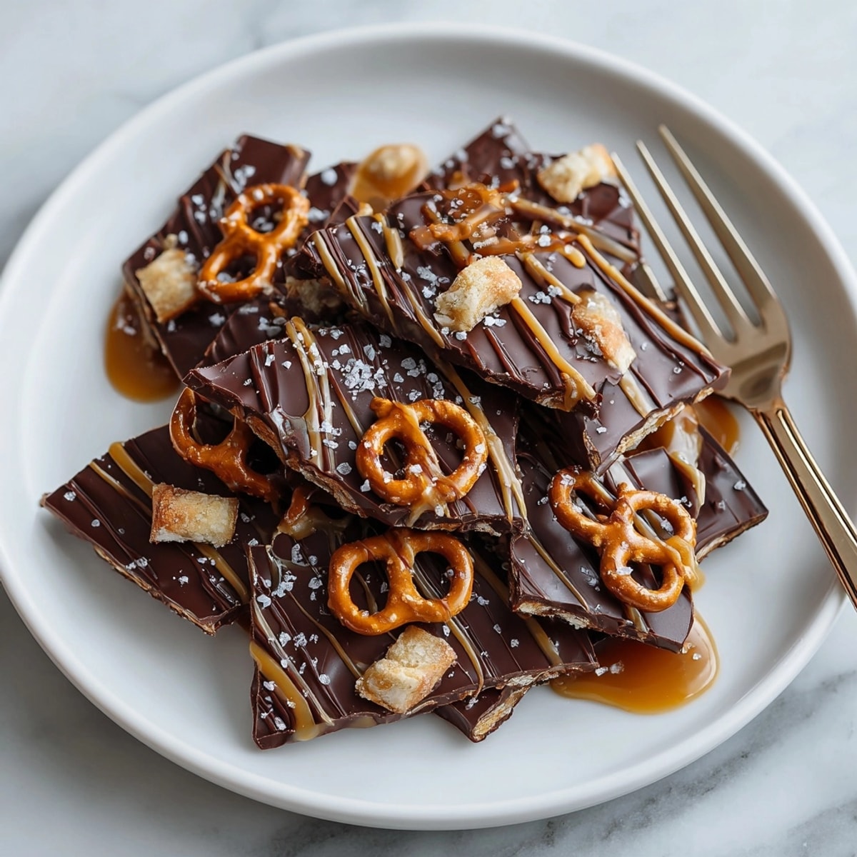 Caramel Pretzel Chocolate Bark served on a rustic tray, perfect for holiday dessert platters.
