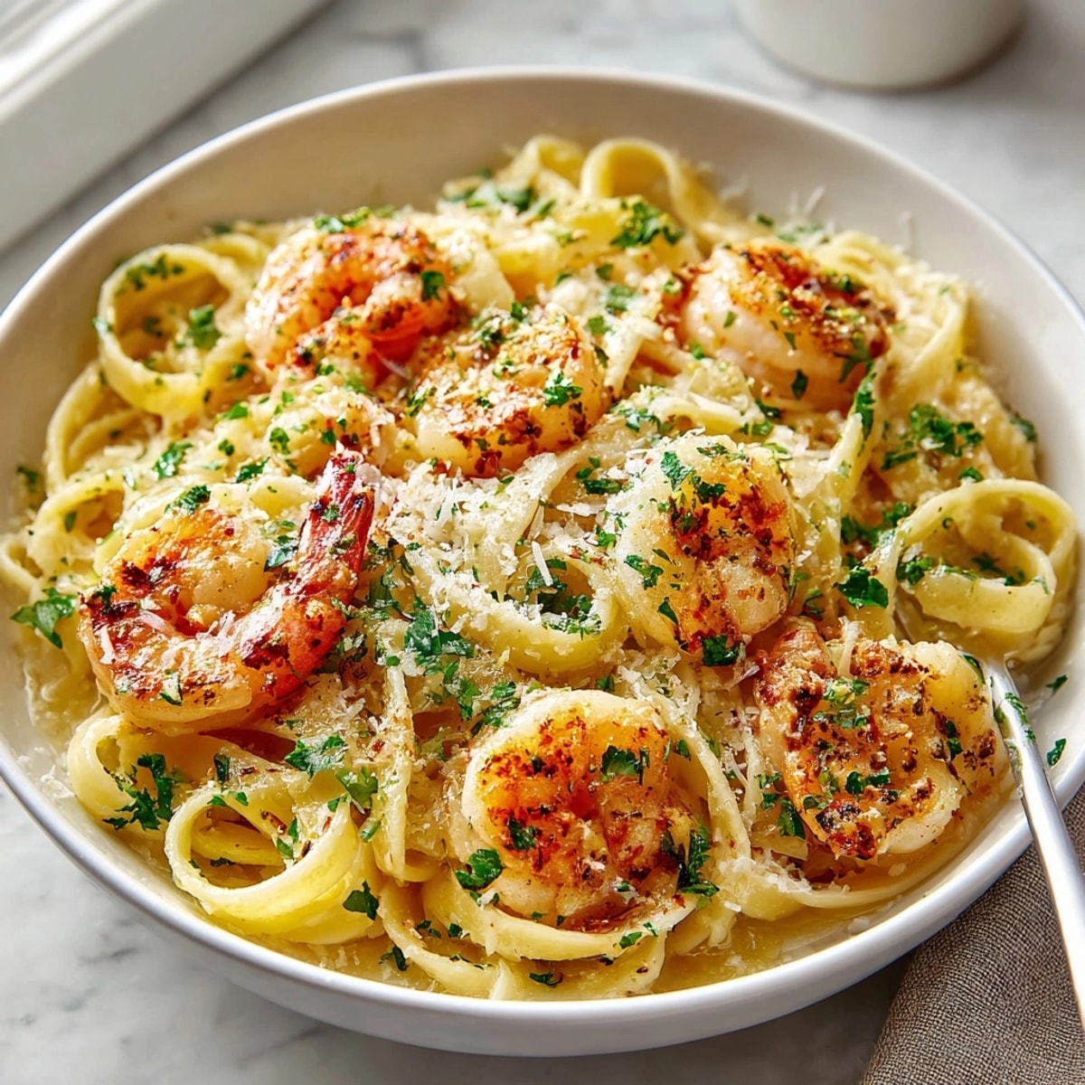 One-Pot Garlic Butter Shrimp served over creamy fettuccine noodles with melted Parmesan cheese.