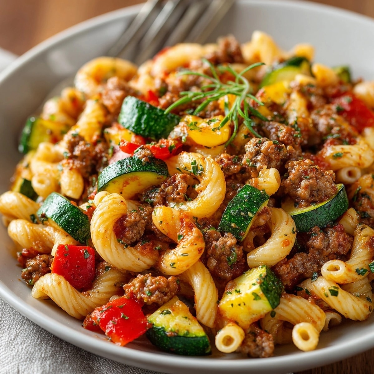 Healthy Beef Pasta Veggies served warm with roasted zucchini and bell peppers tossed in sauce.