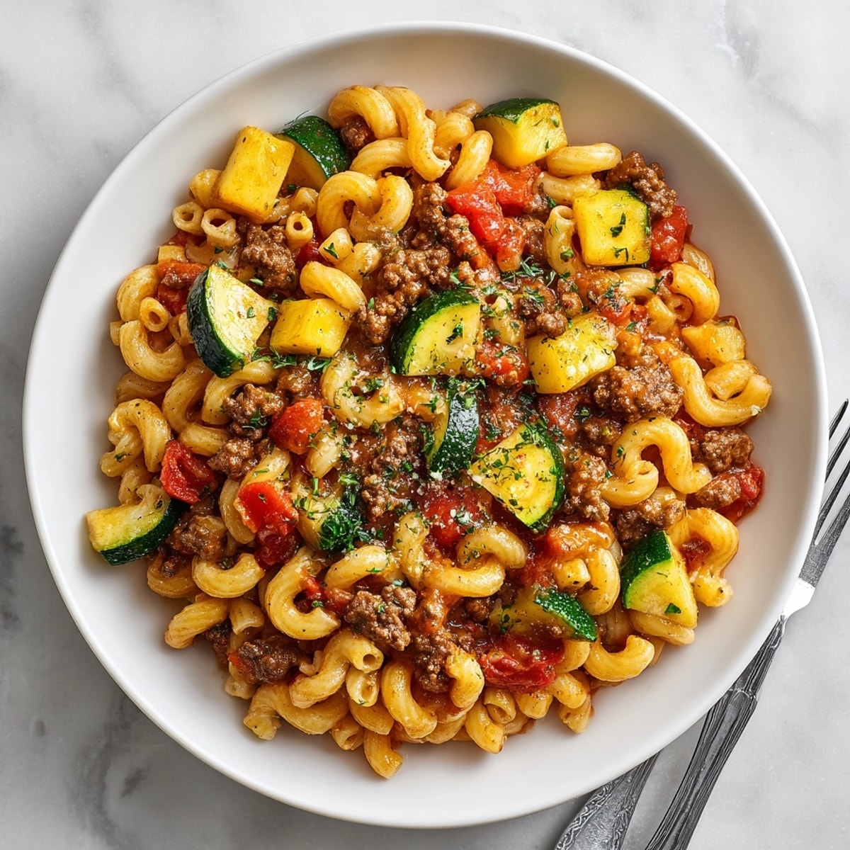 Close-up of Healthy Beef Pasta Veggies topped with herbs, perfect for a balanced, hearty dinner.