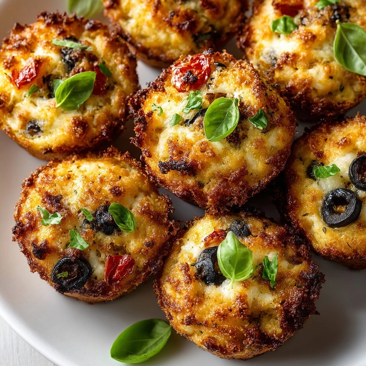 Mini Pizza Muffins Bites fresh from the oven, golden and topped with basil leaves.