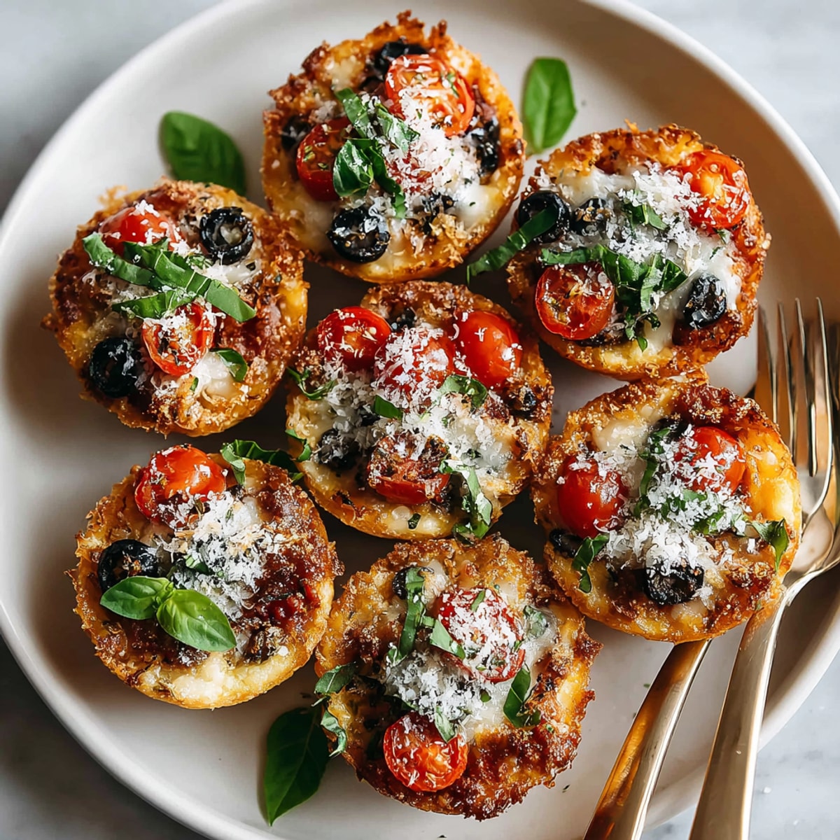 Close-up of Mini Pizza Muffins Bites revealing melted mozzarella and diced tomatoes inside.