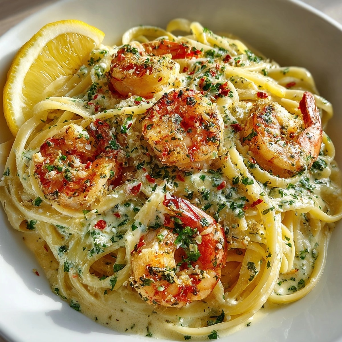 Creamy Herb Shrimp Linguine topped with fresh herbs, served in a cozy dinner setting.
