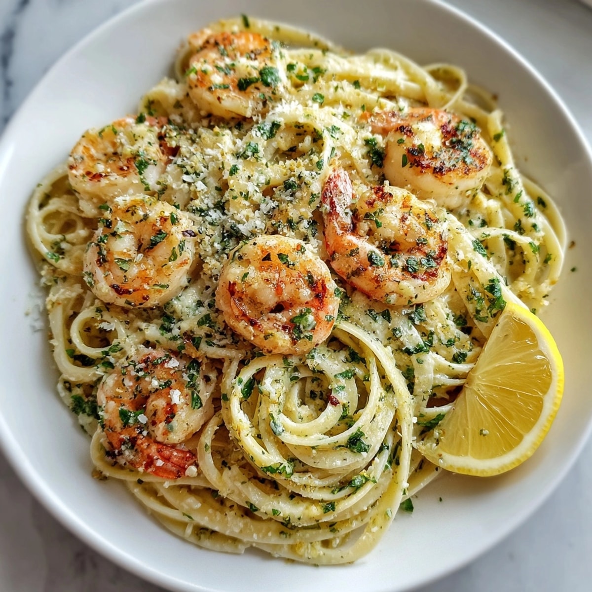 Plate of Creamy Herb Shrimp Linguine garnished with parsley and a squeeze of lemon.