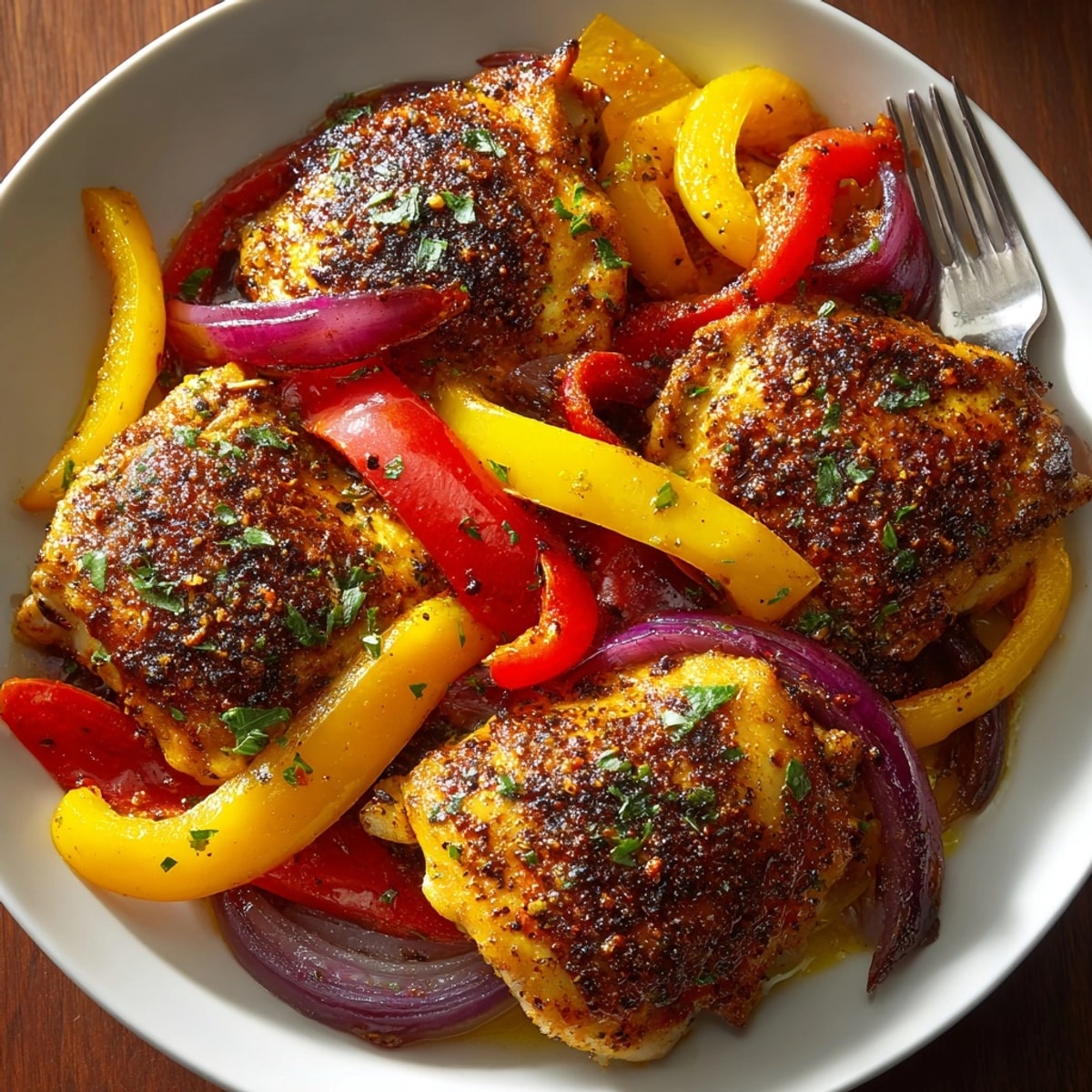 Juicy Sheet Pan Cajun Chicken Veggie with colorful roasted bell peppers and red onion.