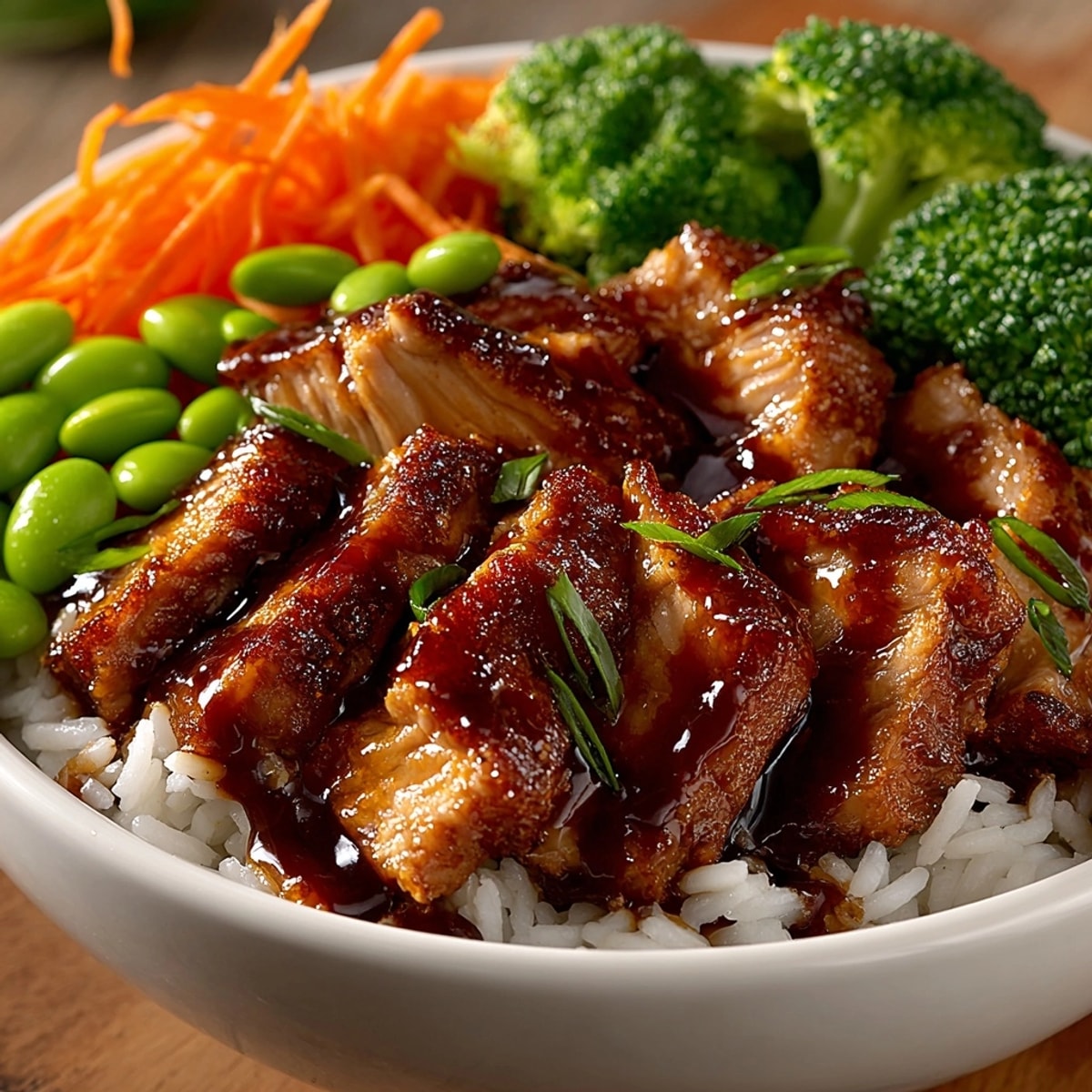 Teriyaki Chicken Rice Bowls featuring glazed chicken, steamed broccoli, carrots, and edamame over fluffy rice.
