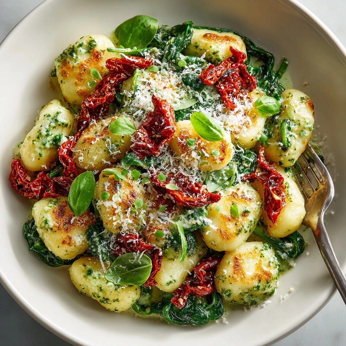 One-Pan Creamy Pesto Gnocchi with golden gnocchi, wilted spinach, and sun-dried tomatoes in skillet.