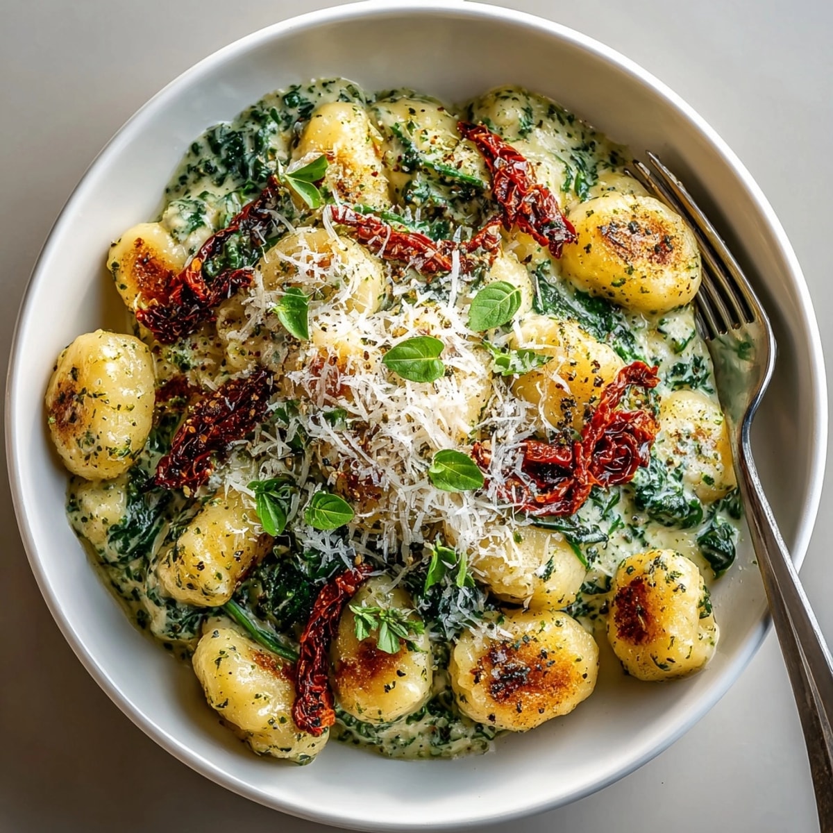 Closeup of one-pan creamy pesto gnocchi with colorful sun-dried tomatoes and silky pesto sauce.