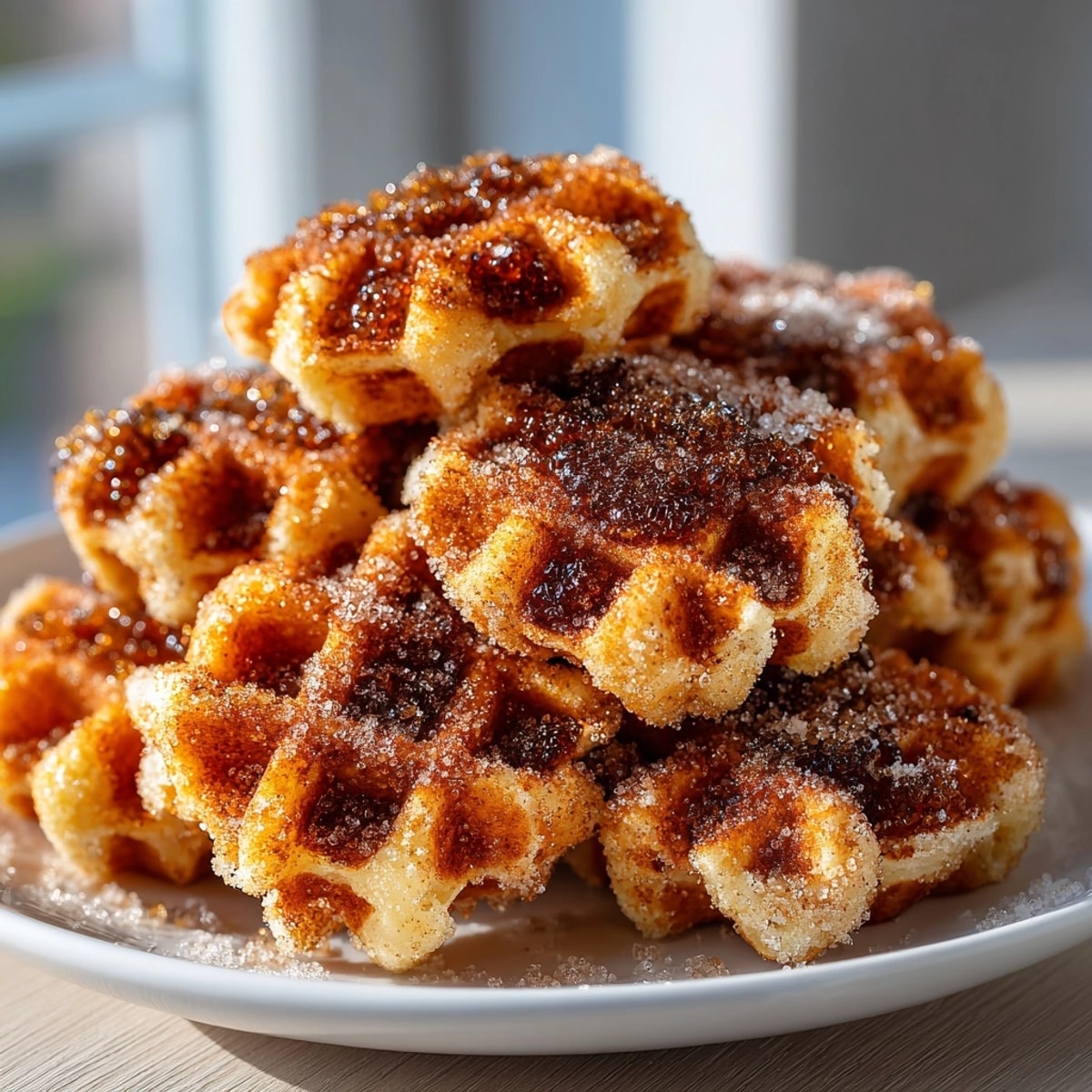Golden, sugar-dusted Cinnamon Waffle Chaos Bites ready to eat straight from the bowl, perfect for sharing.