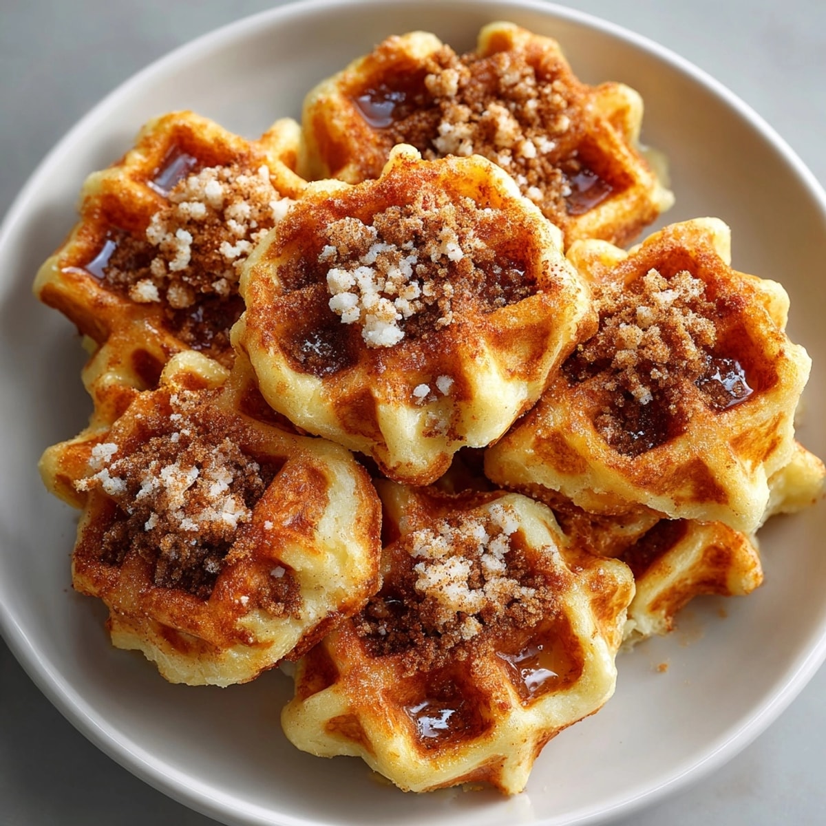 Close-up shot of delicious Cinnamon Waffle Chaos Bites, ideal breakfast treat with sugar crystals.