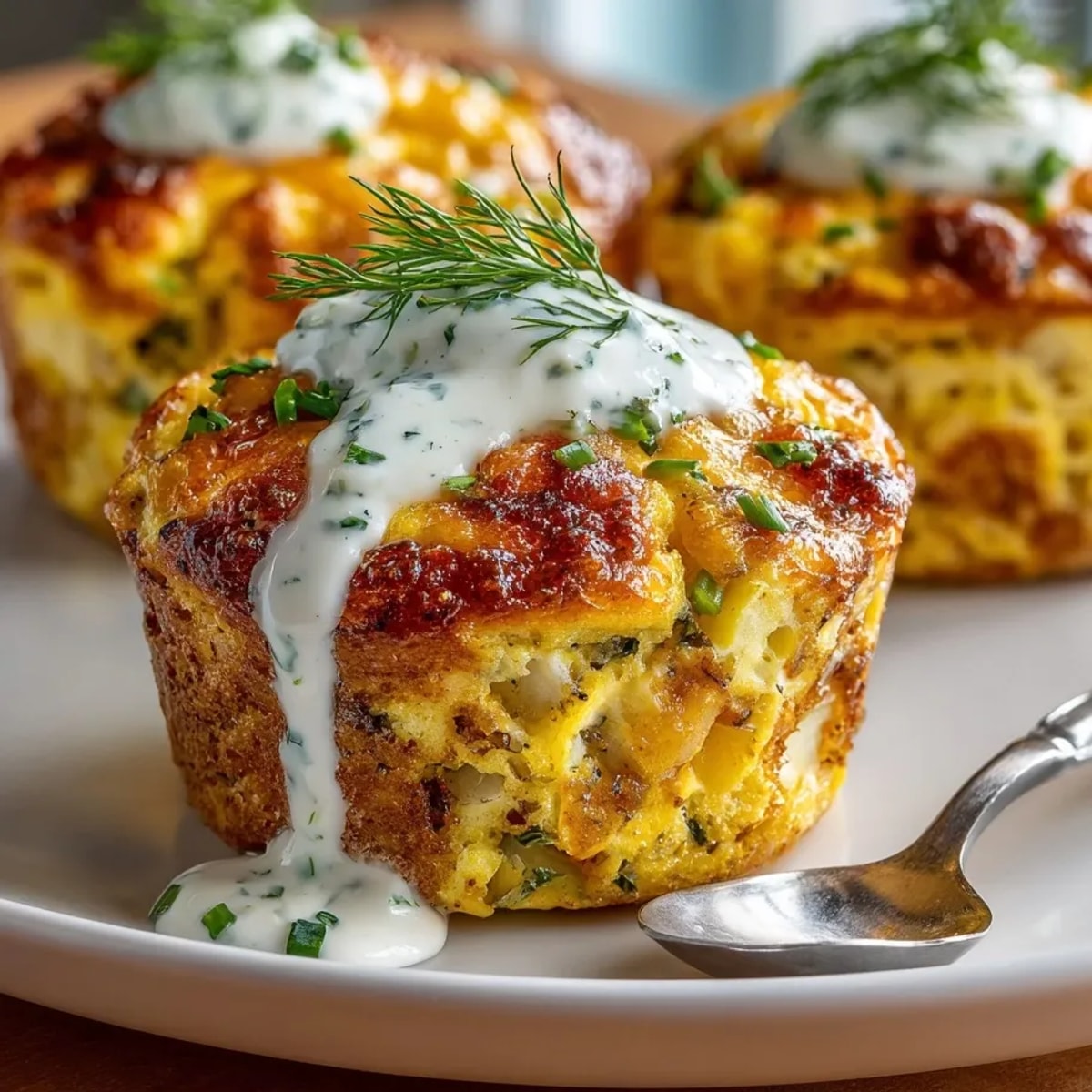 Golden, baked Pickle-Fix Egg & Potato Breakfast Muffins are served with creamy dill dipping sauce for breakfast.