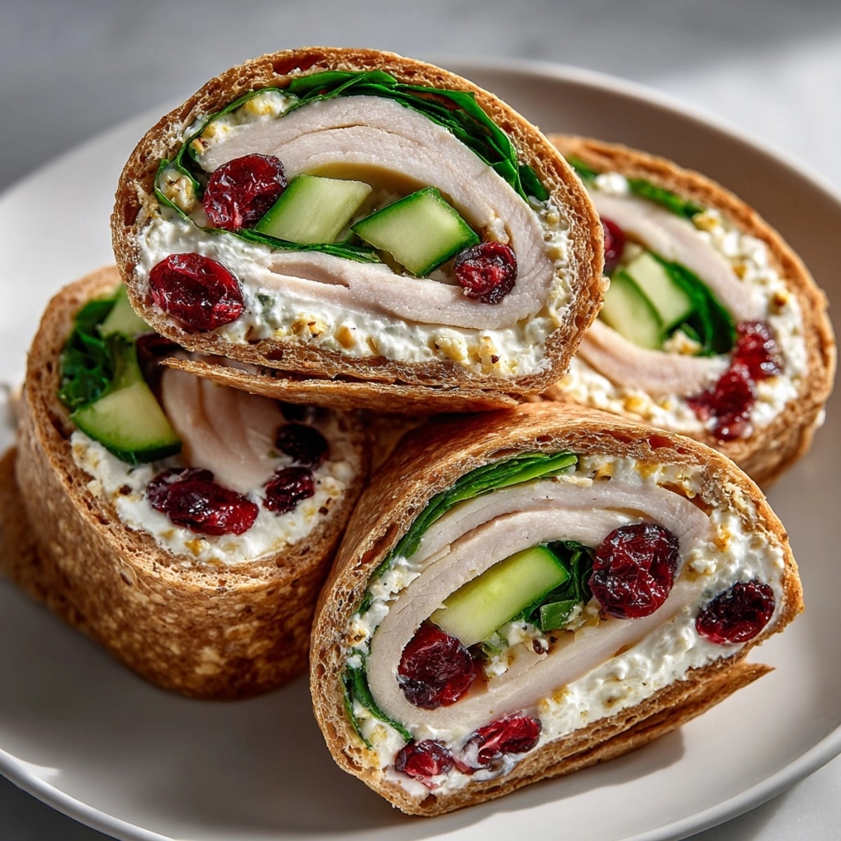 Cherry-Cranberry Turkey Roll-Ups, sliced to reveal layers of filling, perfect for a quick, healthy lunch.