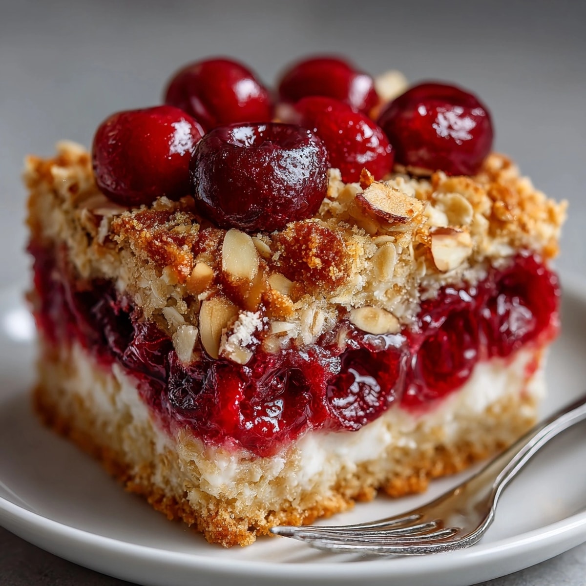 Golden-topped Cherry-Coded Sour Cherry Oatmeal Bake with crunchy almonds, perfect for a warm, cozy breakfast.