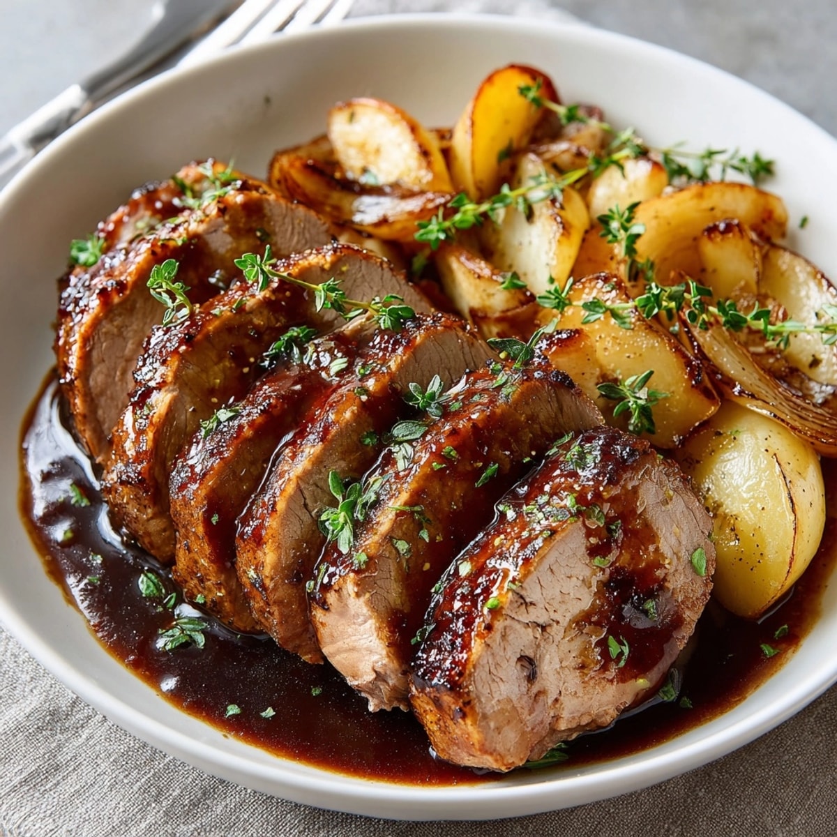 Cream Soda Pork Tenderloin with glistening, caramelized apples and onions, a delicious, one-pan dish.