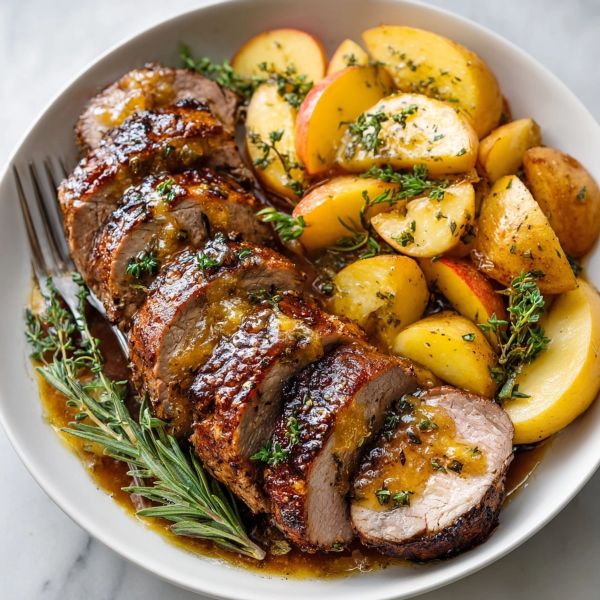 Juicy Cream Soda Pork Tenderloin served with tender roasted apples, perfect for a comforting family dinner.