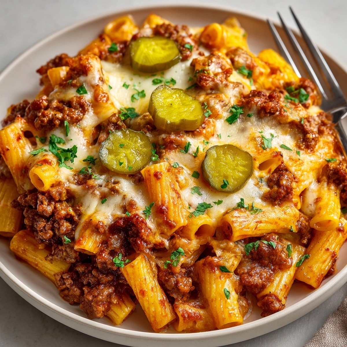 Pickle-Fix Sloppy Joe Pasta Bake, bubbling cheese on a baked pasta dish with pickle slices.