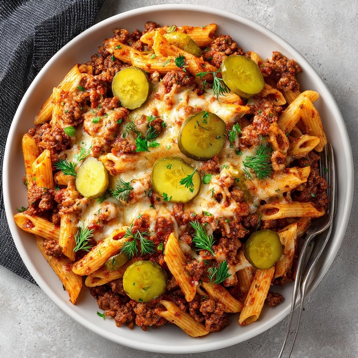 A close-up of the savory Pickle-Fix Sloppy Joe Pasta Bake, a hearty cheesy comfort food.