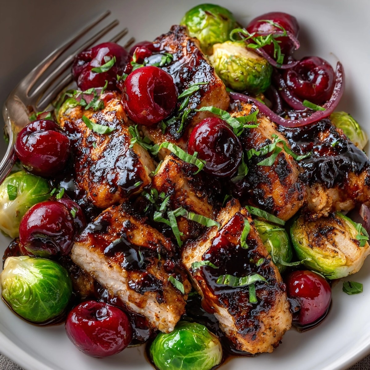 Sheet-Pan Cherry Balsamic Chicken & Brussels, glistening with a rich balsamic glaze, a colorful, easy dinner.