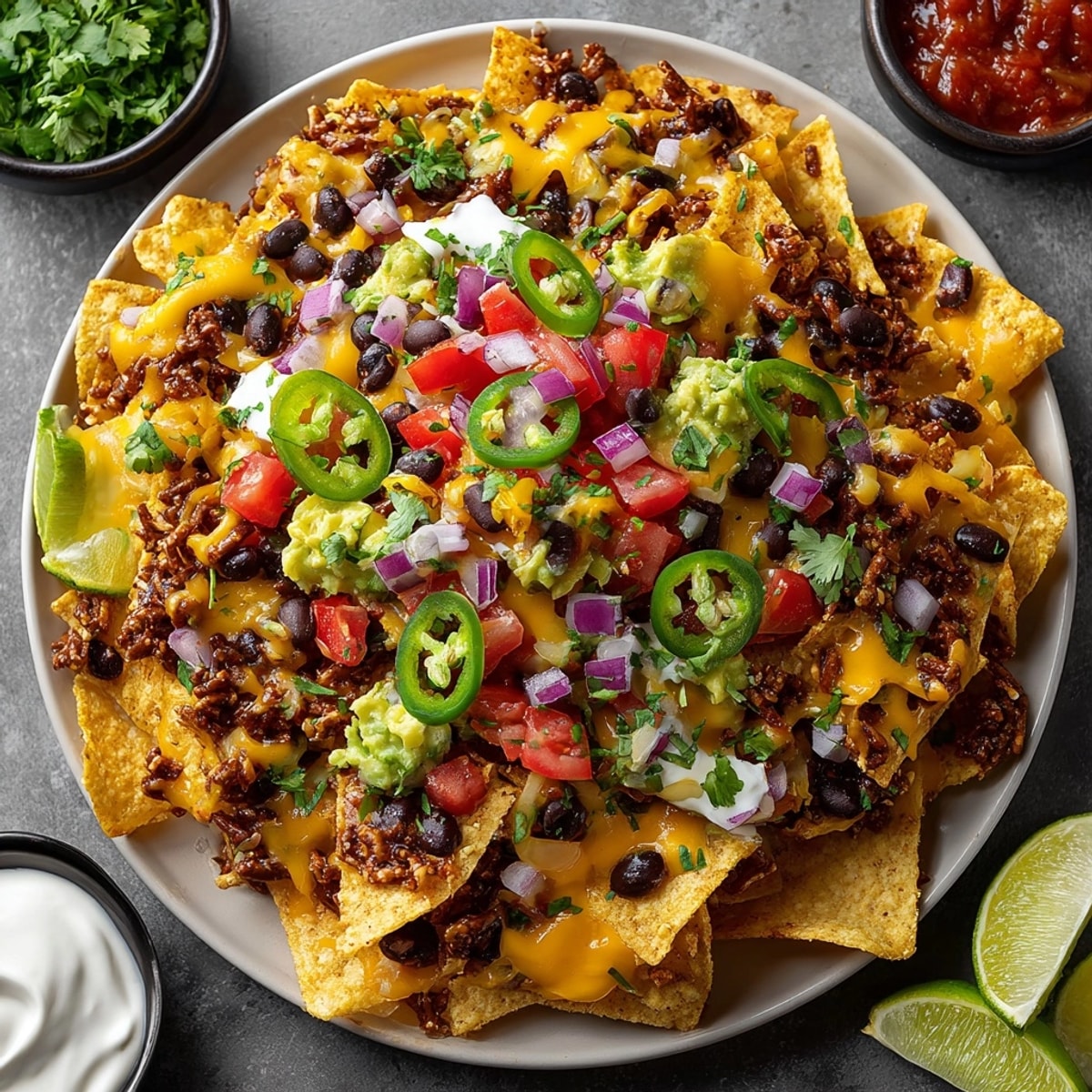 See the delicious layers of this Chaos Nacho Party Board with golden, bubbly cheese ready to share.