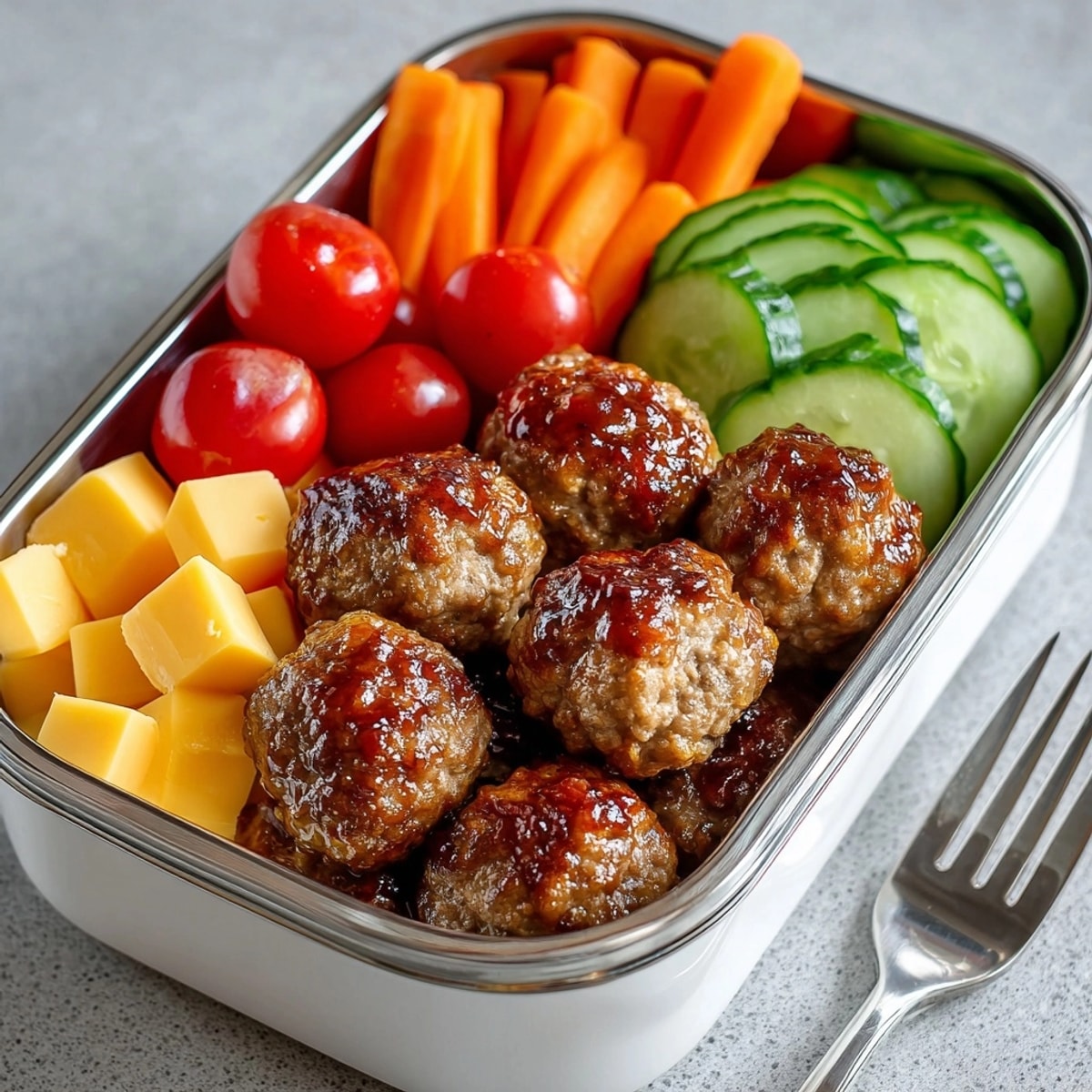 Cream Soda–Glazed Meatball Snack Box: glistening glazed meatballs with a colorful medley of fresh vegetables.
