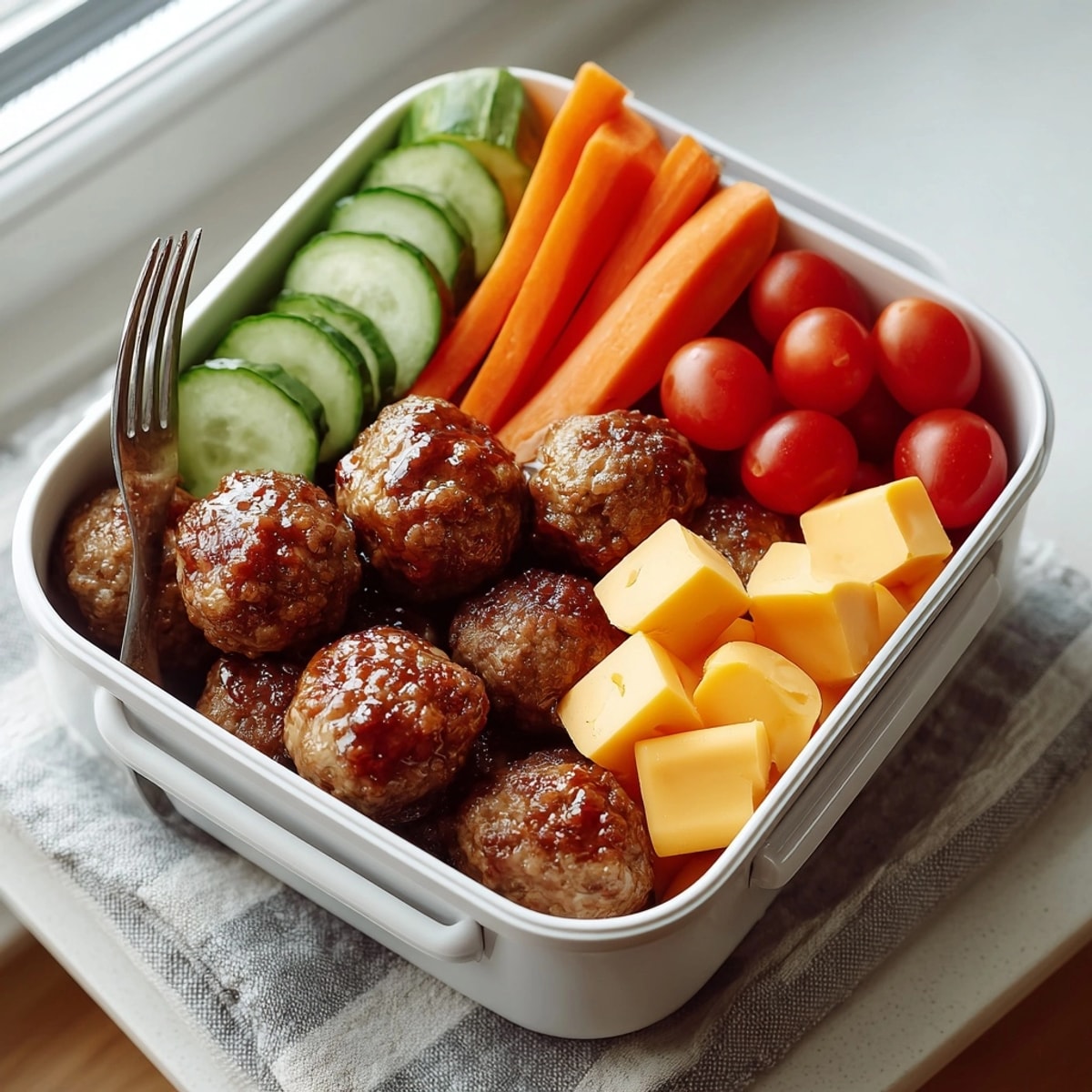 A Cream Soda–Glazed Meatball Snack Box features perfectly baked meatballs, with carrot sticks and cherry tomatoes.