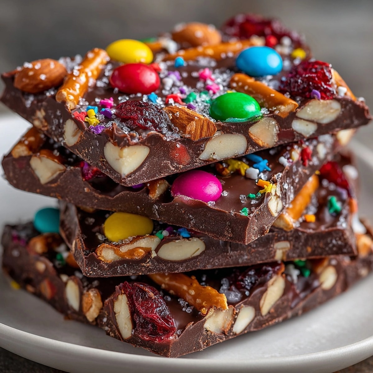 A close-up of Cherry-Coded Chocolate Pretzel Crunch Bark, a sweet and salty dessert treat.
