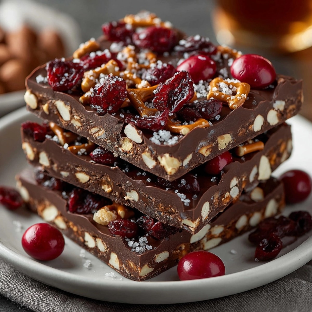 This vibrant Cherry-Coded Chocolate Pretzel Crunch Bark shows off delicious broken pieces ready to eat.