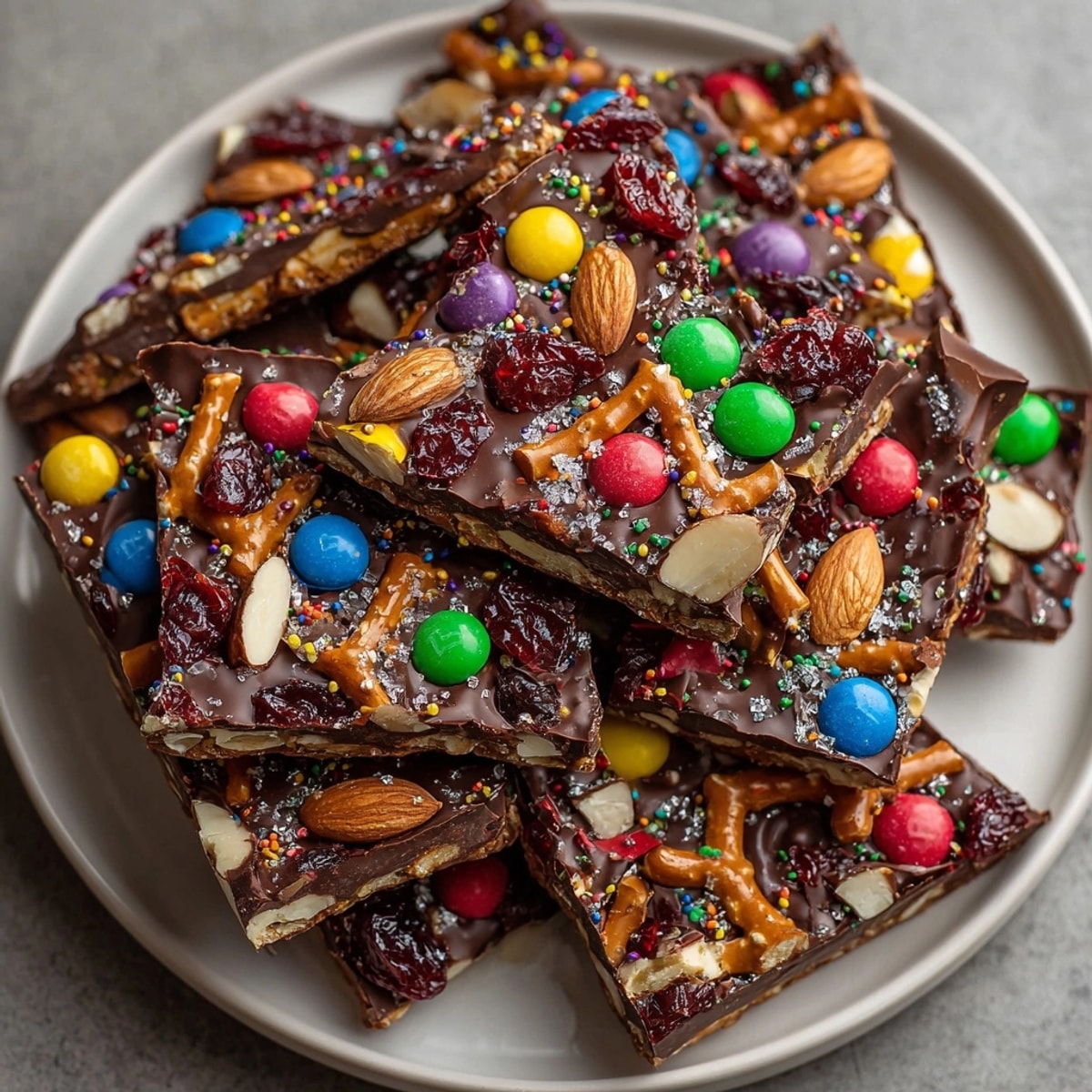 Rich, dark Cherry-Coded Chocolate Pretzel Crunch Bark studded with cherries, pretzels, and sea salt is a feast!