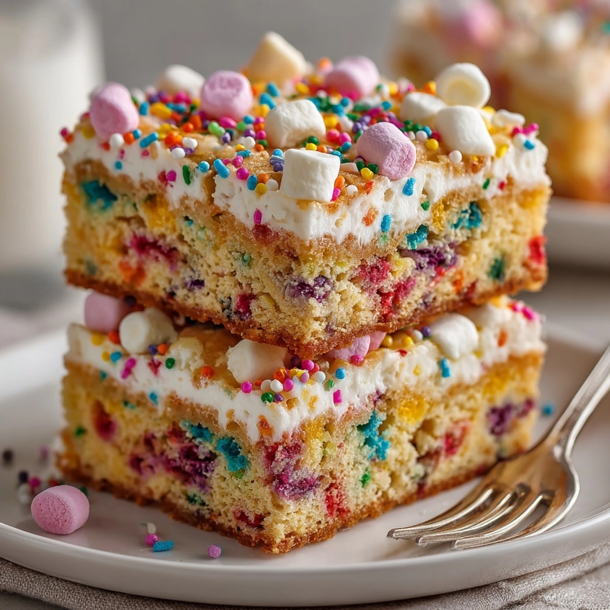 A close-up of whimsical Chaos Cake Confetti Landslide Bars, boasting rainbow sprinkles and a soft texture.