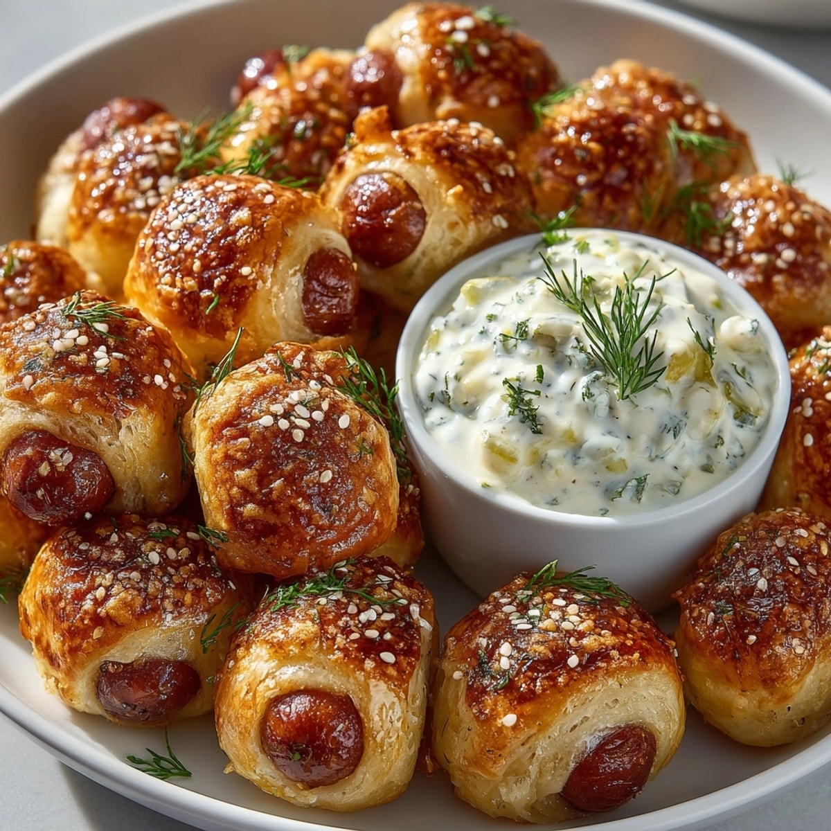 Golden-brown Silly Mini Dogs are ready for dipping into creamy, homemade dill pickle queso.