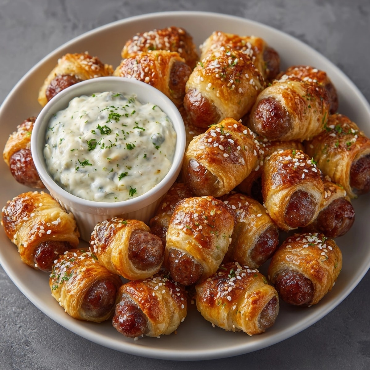 A close-up displays perfectly baked Silly Mini Dogs, ready to be enjoyed with the tangy dill pickle queso.