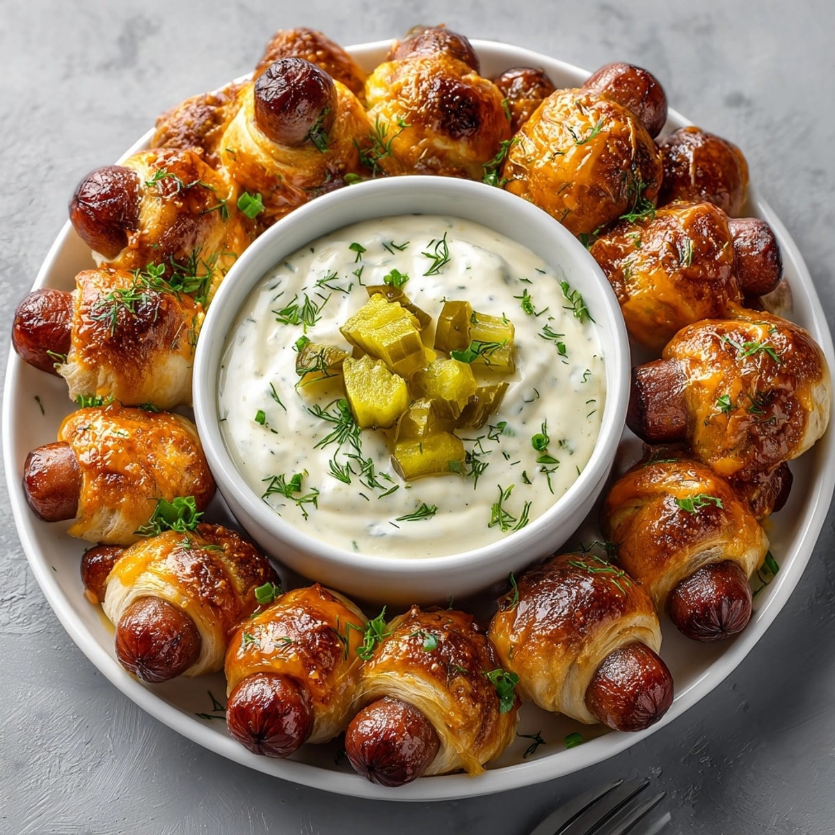 Warm, bite-sized Silly Mini Dogs sit next to a bowl of vibrant green dill pickle queso dip.
