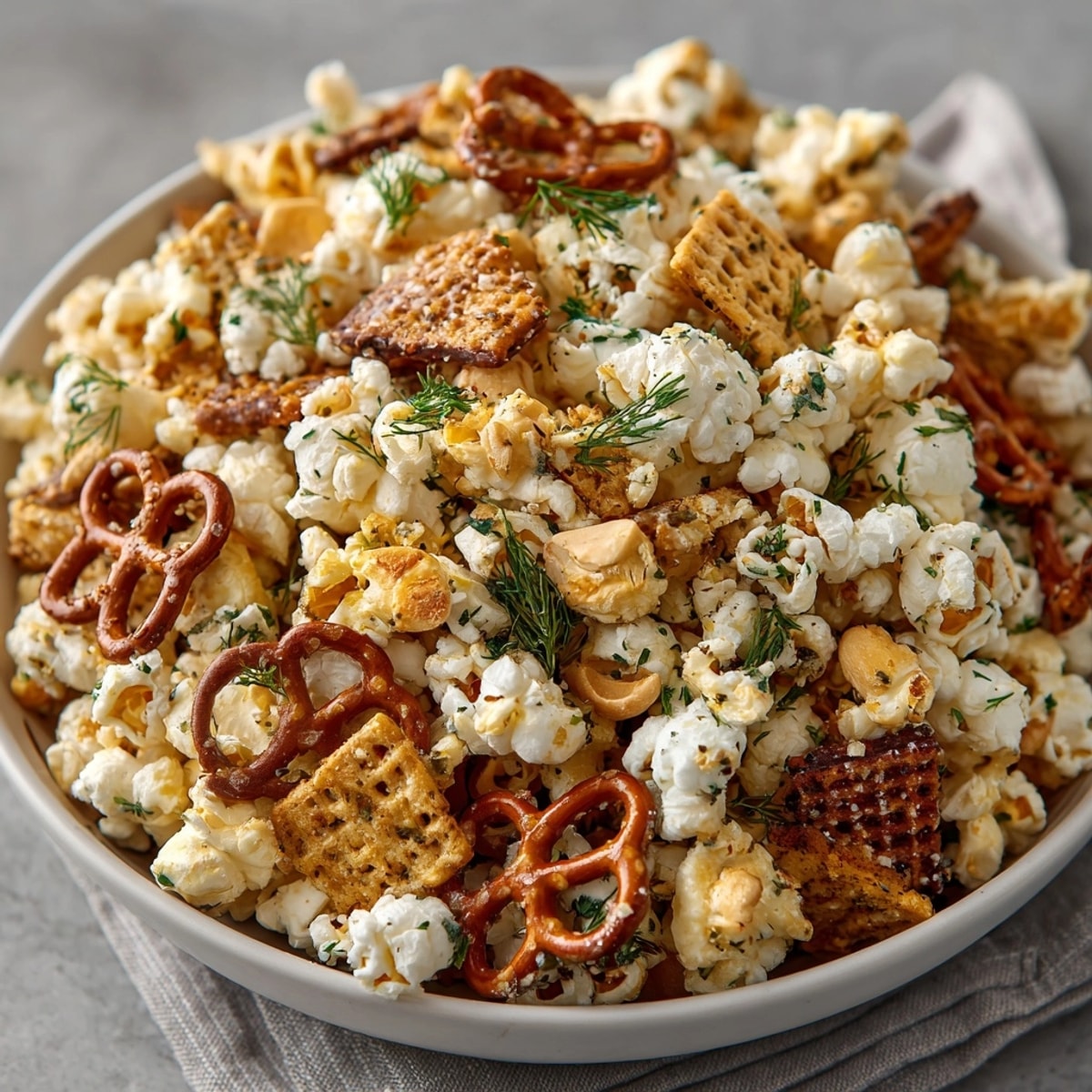 Golden, crispy Pickle-Fix Ranch Popcorn Crunch Mix, combining popcorn, pretzels, and cheesy crackers for a savory snack.