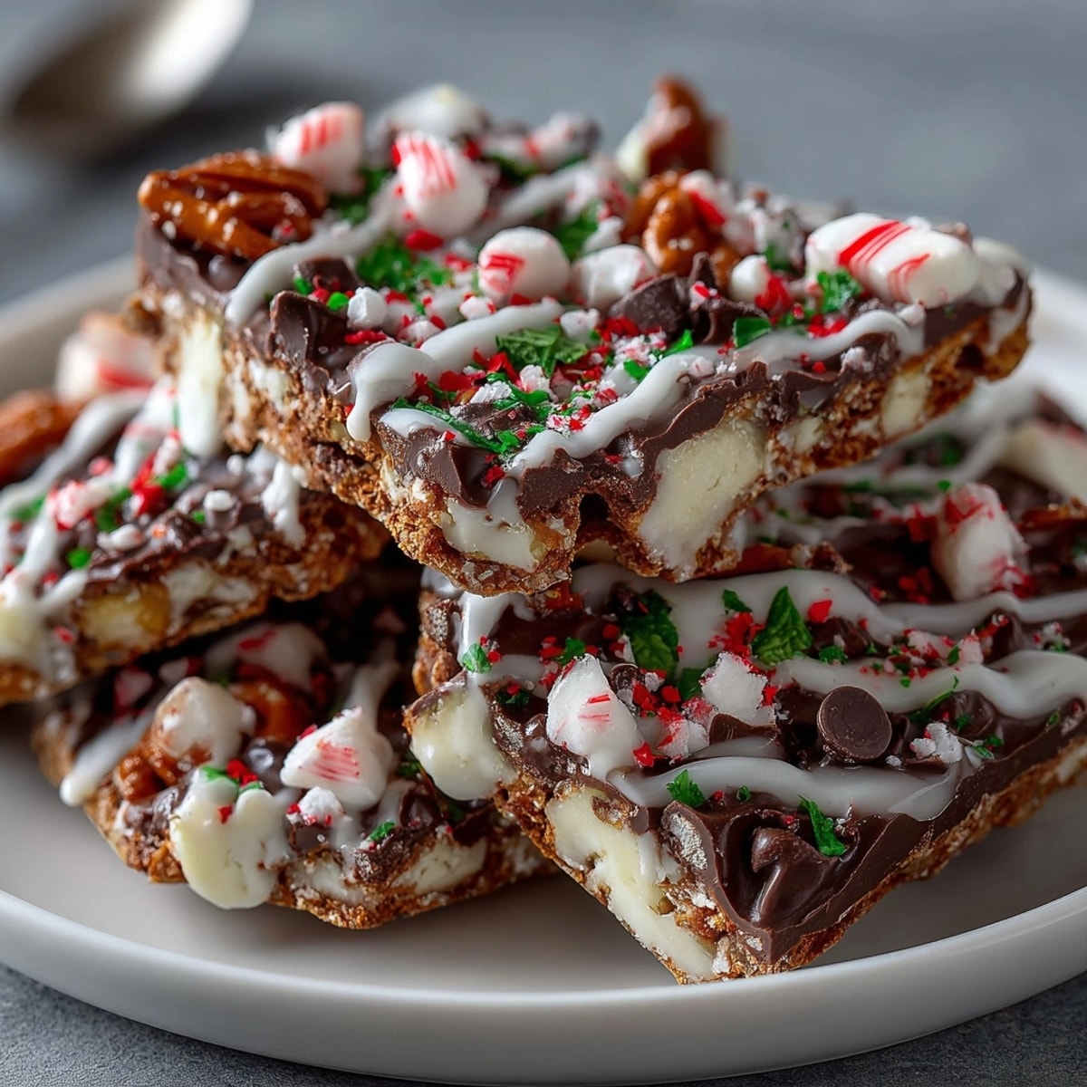 Close-up of festive Peppermint Chaos Cookie Brittle with marshmallow drizzle, ready to enjoy.
