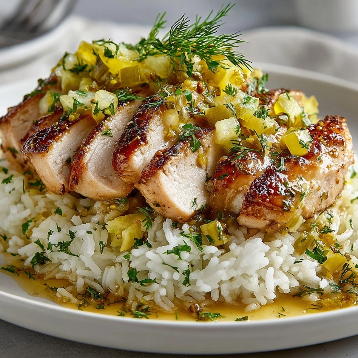 Golden-brown skillet dill pickle chicken served atop fragrant rice pilaf, garnished with fresh dill.