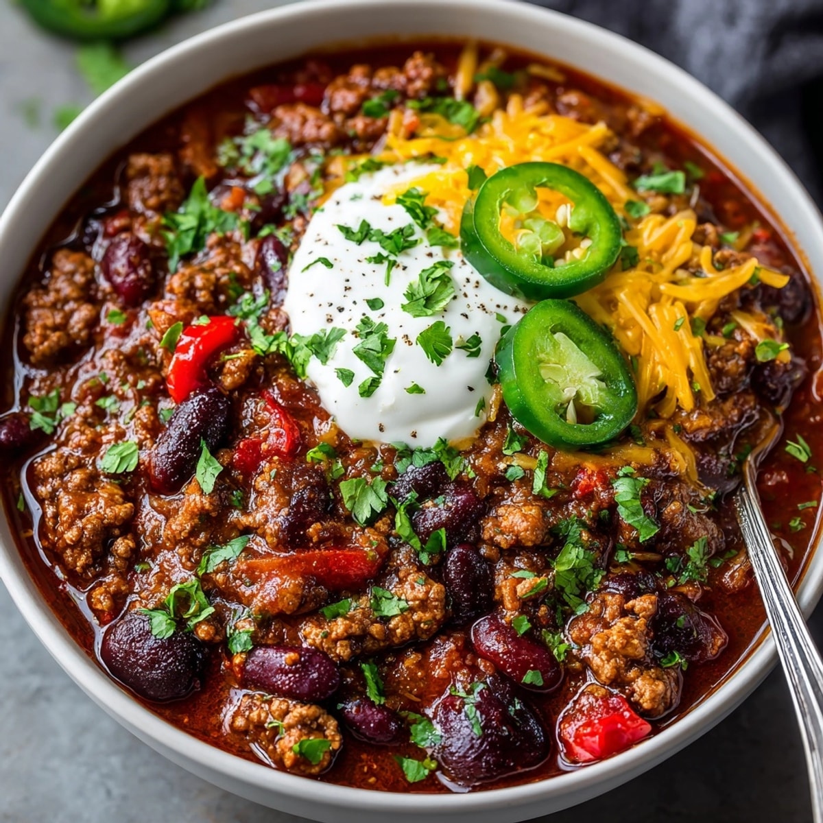 Steaming bowl of one-pot cherry chipotle turkey chili, a savory and sweet American classic.