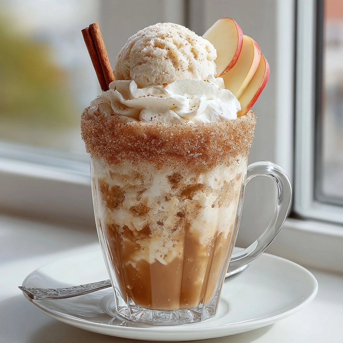 A close-up of a Cream Soda Spiced Apple Float with frothy cream soda and apple garnish, delicious.