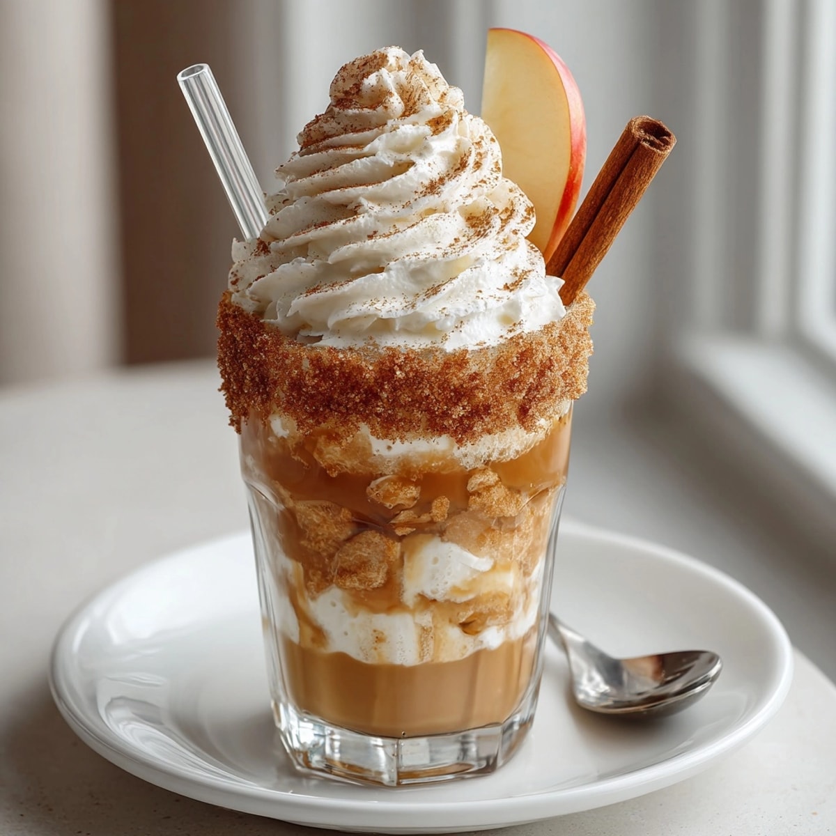Enjoy a refreshing Cream Soda Spiced Apple Float: a sweet and spiced beverage with cinnamon rim.
