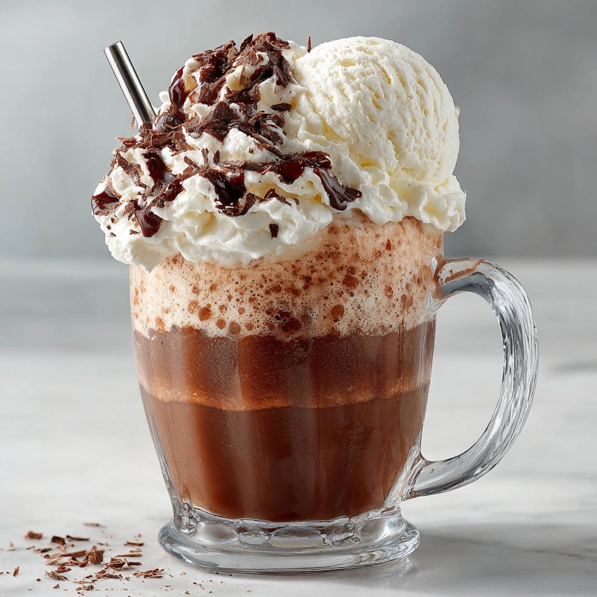 Steaming Root Beer Snowcap Hot Cocoa Float, topped with vanilla ice cream and whipped cream, invitingly shown.