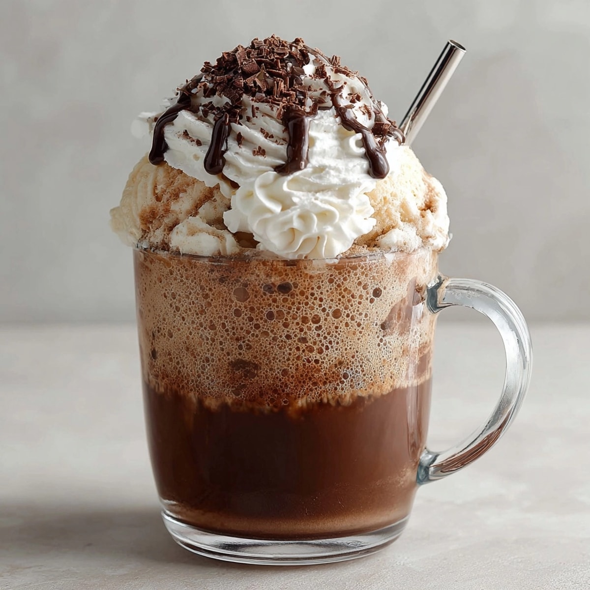 A close-up of a bubbly Root Beer Snowcap Hot Cocoa Float, perfect for a cozy winter evening.
