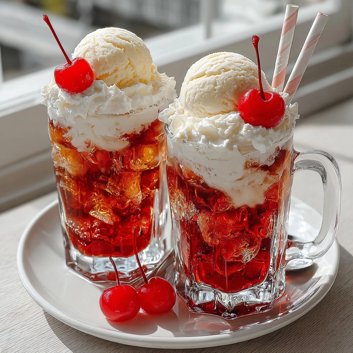Indulge in a delicious Rebel Float Cherry Cola Cream Fizz featuring bubbly cola and creamy vanilla ice cream.