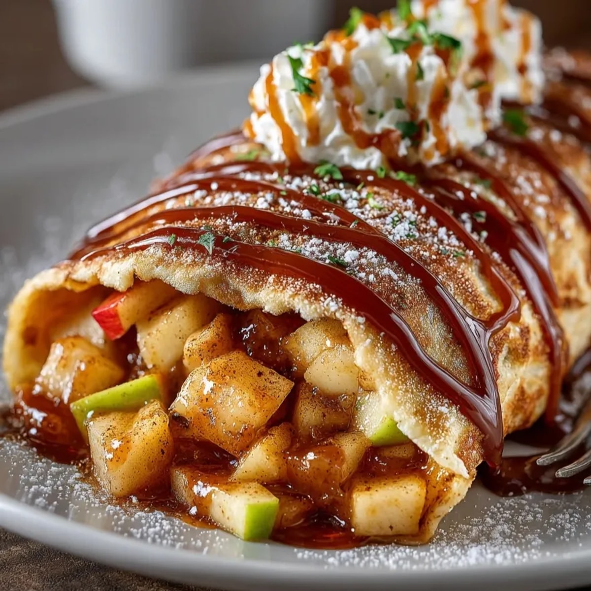 Golden Fall Caramel Apple Dessert Wraps, oozing warm apple filling and caramel sauce, ready to enjoy.