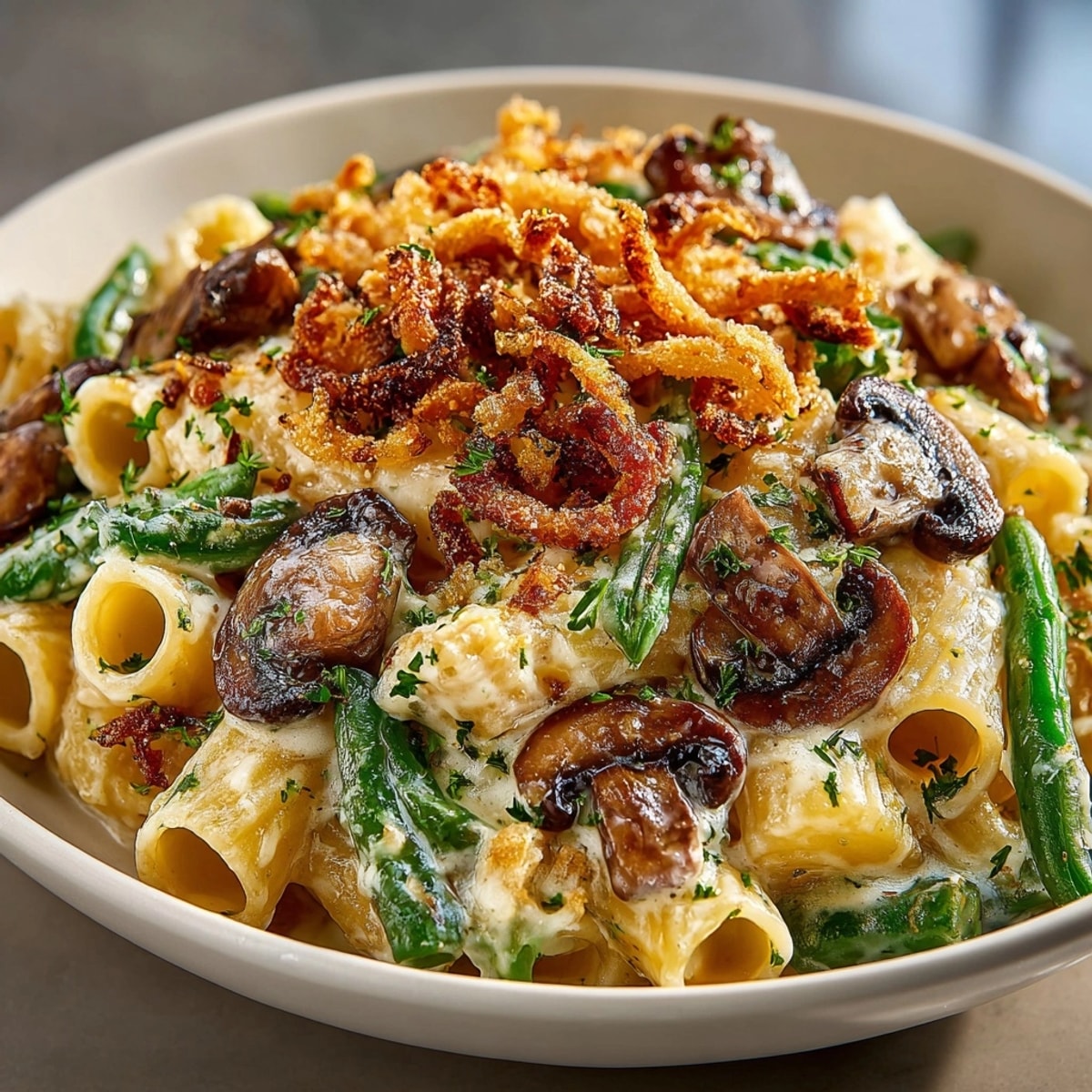 Thanksgiving Green Bean Casserole Pasta, a comforting casserole with golden, crispy onions creating textural contrast.
