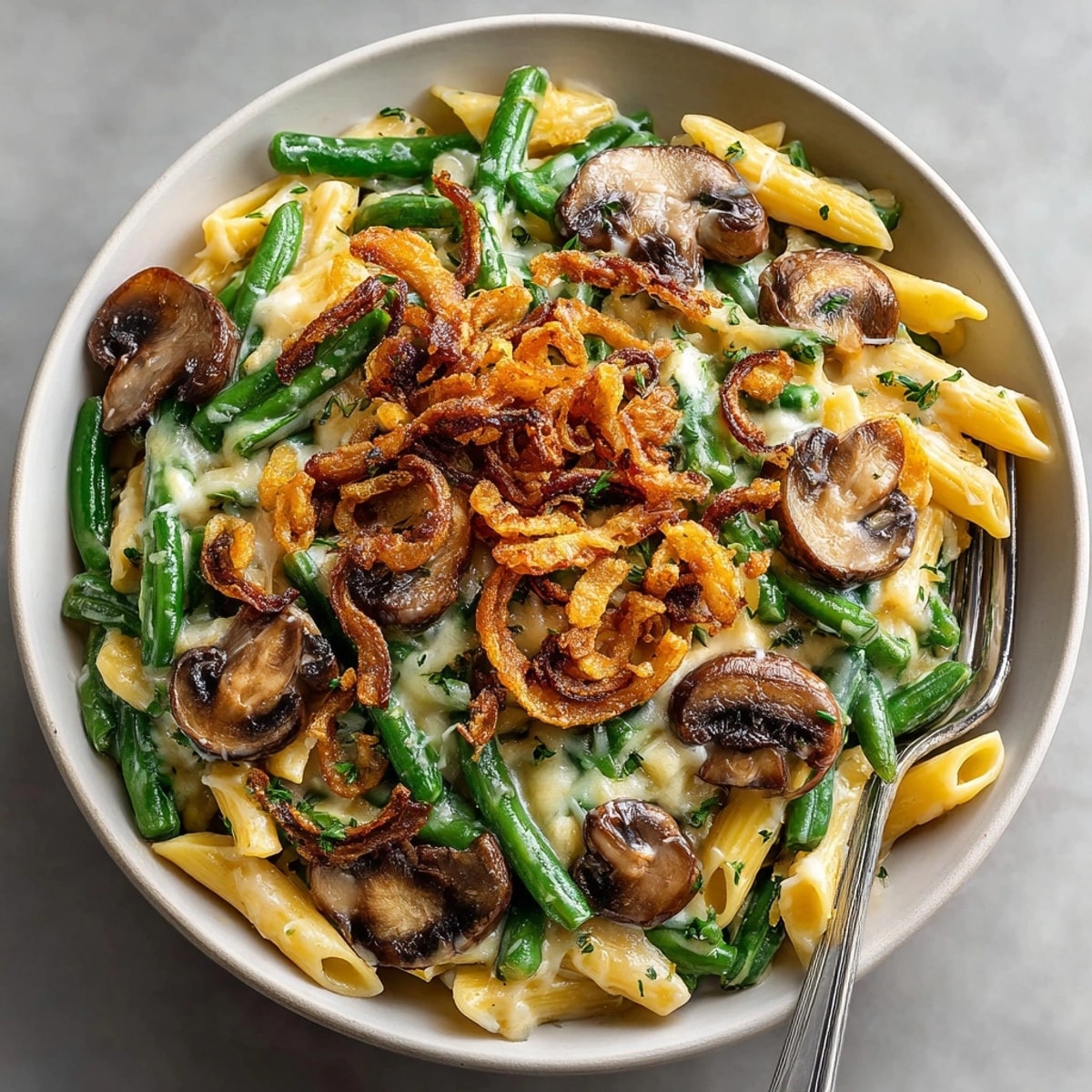 Creamy, baked Thanksgiving Green Bean Casserole Pasta, perfect for a vegetarian main dish with tender green beans.