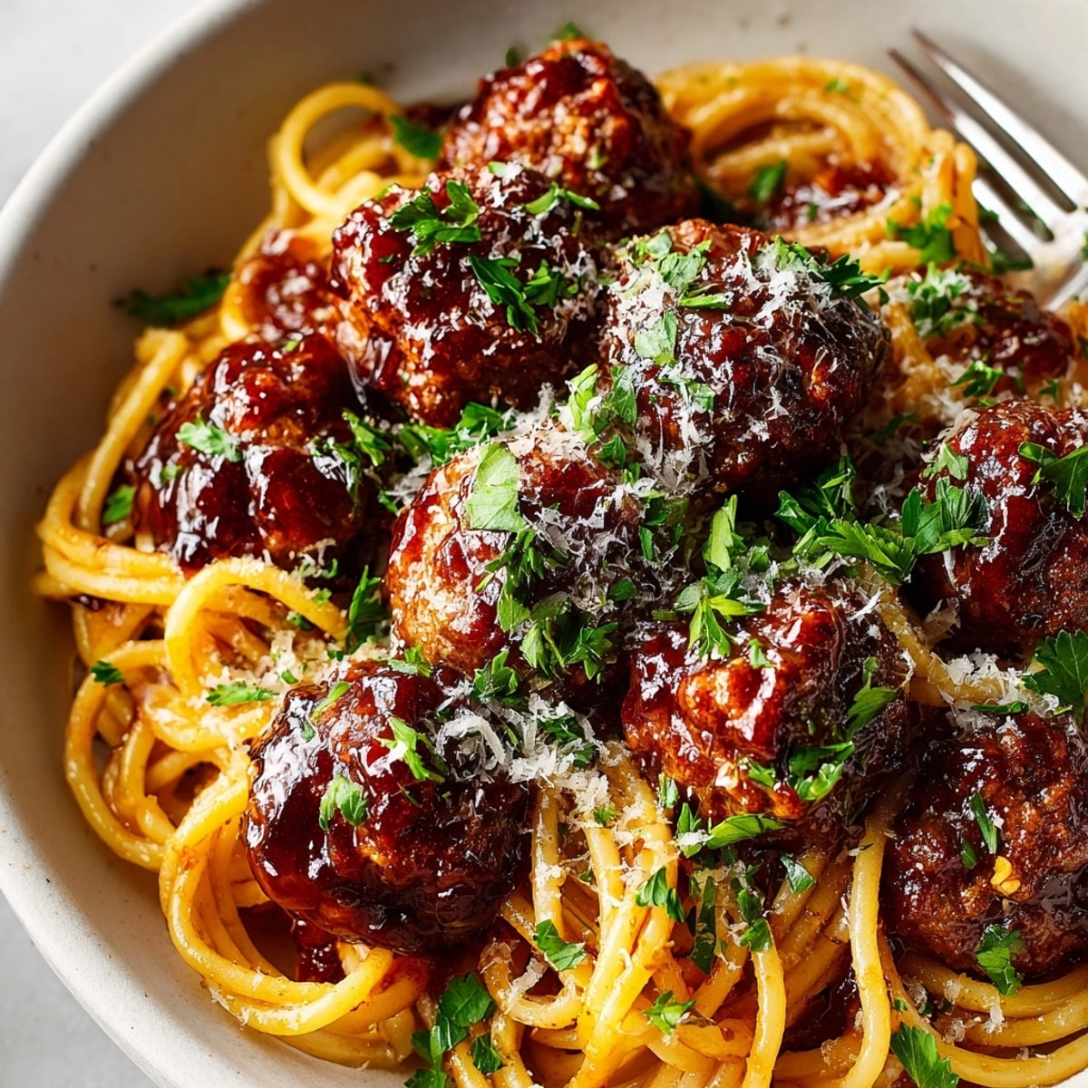 Cherry Cola Glazed Meatball Pasta glistening with a sweet, vibrant sauce over perfectly cooked spaghetti, ready to eat.