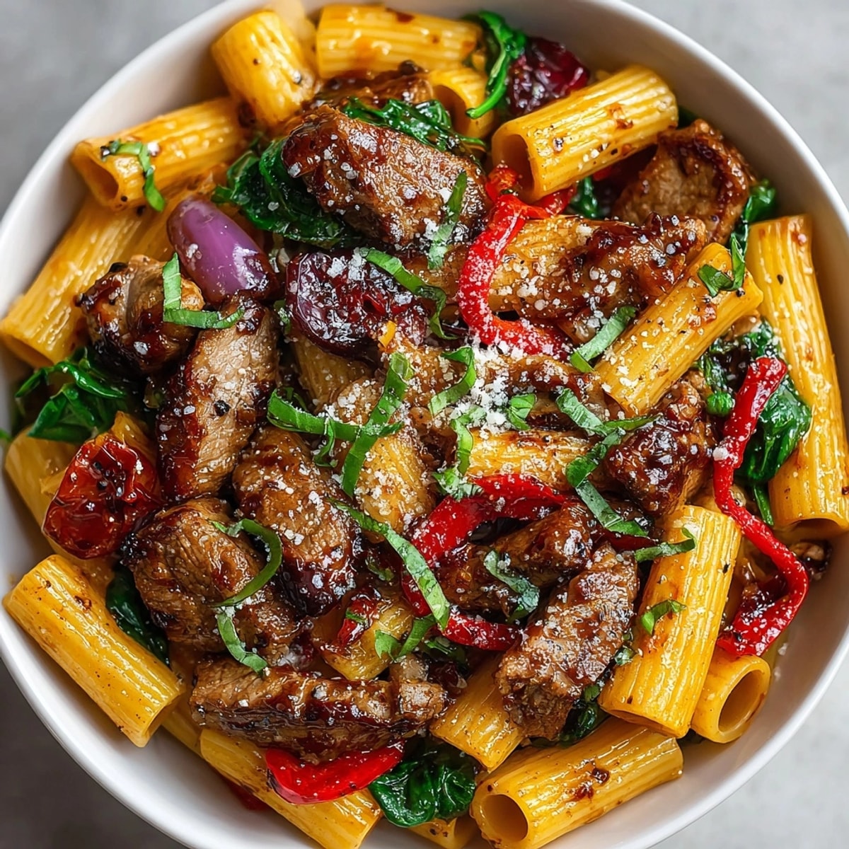 Cherry bourbon glazed pork pasta bowl: Juicy pork and pasta, bathed in a vibrant, glossy sauce with cherry notes.