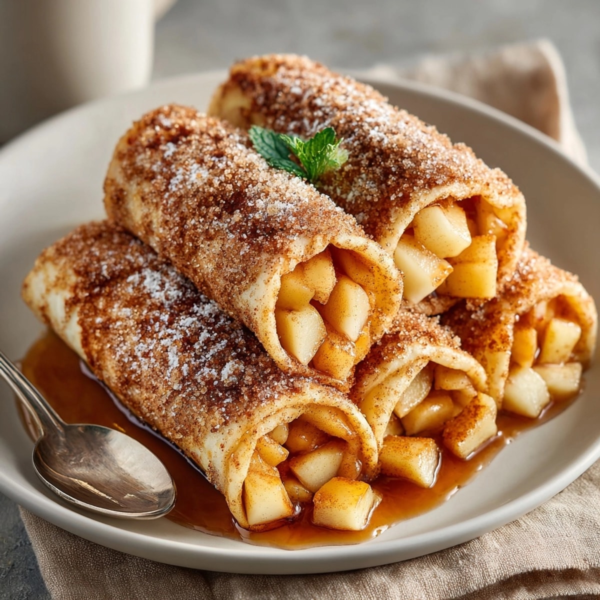 Close-up of a Fall Cinnamon Sugar Dessert Wrap, showcasing a delicious cinnamon-sugar crust and apple filling.