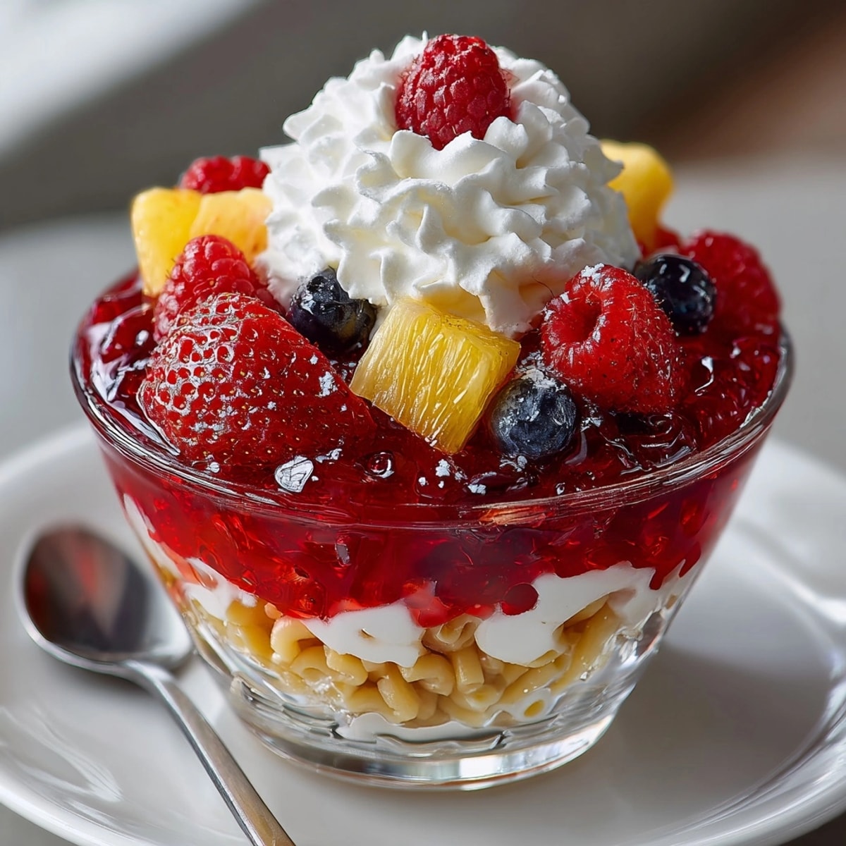 Vibrant Rebel Soda Jello Parfait Pasta Salad with layered jello, creamy parfait, and fresh berries.